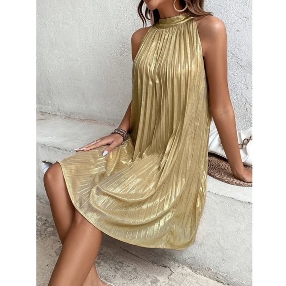 Gold Metallic Pleated Halter Neck tied back Mini Dress - Picture 4 of 7